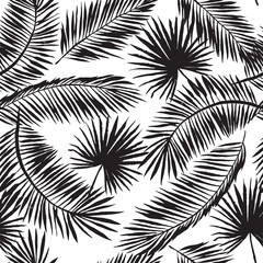 Tropical palm leaves silhouette on the white background. Botanical illustration. Vector seamless pattern. Exotic plants. Summer beach design. Paradise nature