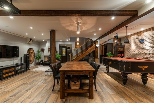A stylish basement interior with exposed beams, a pool table, and a dining table