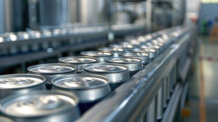 Obraz premium Aluminum Cans transfer on Conveyor Belt System, Modern machine for Aluminum line production, Business and Industrial concept