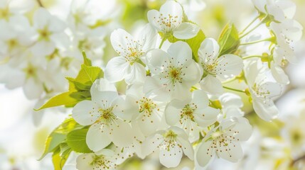 Close up of cherry blossoms with soft tree branches in the background White flowers and green leaves against a white sky Gorgeous spring scenery