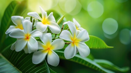 Fototapeta premium Close up of beautiful Plumeria flowers on a green leaf background in Thailand