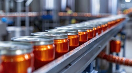 Obraz premium Aluminum Cans transfer on Conveyor Belt System, Modern machine for Aluminum line production, Business and Industrial concept