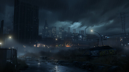 dark city in the distance, hyperrealistic