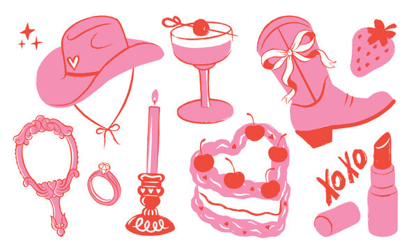 Set of cute trend illustrations of hand drawn sketch girly cowgirl hat, cowboy boots, coquette bows, birthday cake, women's accessories, pink color bohemian collection