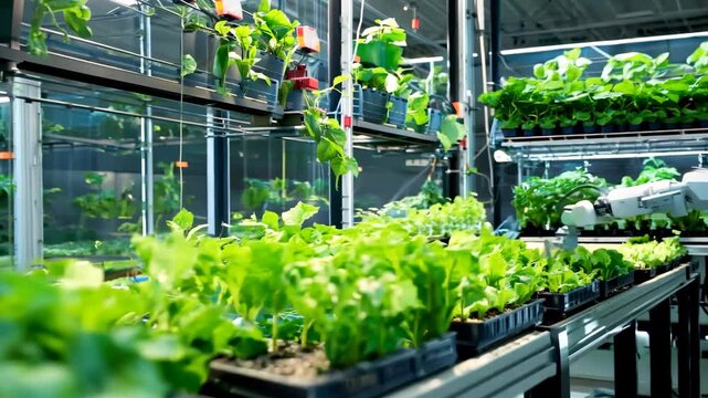 Robotic Arm Tending To Crops In Indoor Vertical Farm