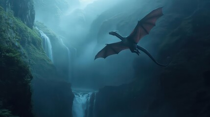 Fototapeta premium A mystical dragon soaring over a crystalclear waterfall with sunlight filtering through, illustrating a captivating and adventurous fantasy view, mythical, banner, with copy space