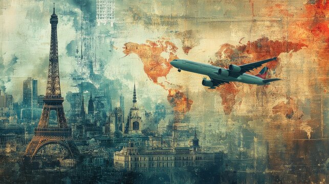 Airplane flying over paris with world map background