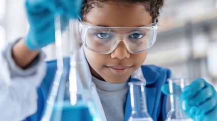 A science lab with students conducting experiments and sunlight filtering through