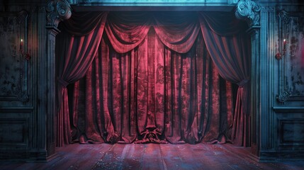 Luxurious velvet curtain on theater stage with music and art concept