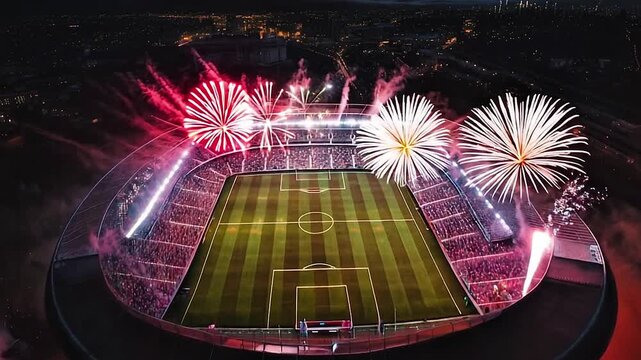Aerial view of football stadium in the evening, fireworks, festive atmosphere. Football arena with people, city, championship, live broadcast of TV channel, broadcast of the match