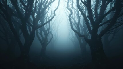A spooky forest with twisted trees and sunlight filtering through the fog, creating a mysterious and unsettling Halloween ambiance, eerie woods, banner, with copy space