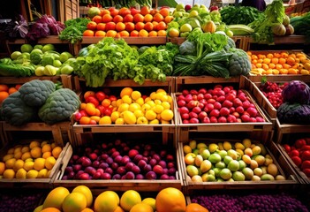 colorful vibrant display fresh market fruits vegetables showcasing variety natural colors lively market setting, produce, organic, healthy, harvest, food