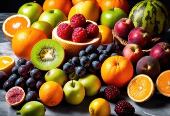 colorful variety fresh fruits beautifully arranged polished marble surface displaying vibrant inviting presentation, apples, oranges, bananas, grapes