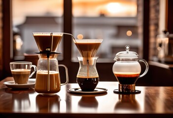 artistic coffee composition featuring unique brewing tools elegant presentation, arrangement, beans, cup, espresso, latte, filter, equipment, kettle