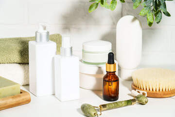 Natural cosmetic products, beauty product in the bathroom on white background.