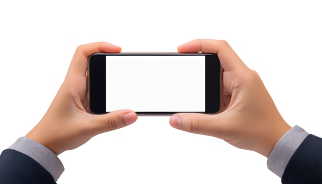 two hands holding a smartphone horizontally with a blank white screen. The image is perfect for concepts related to technology, mobile devices, apps, and digital communication