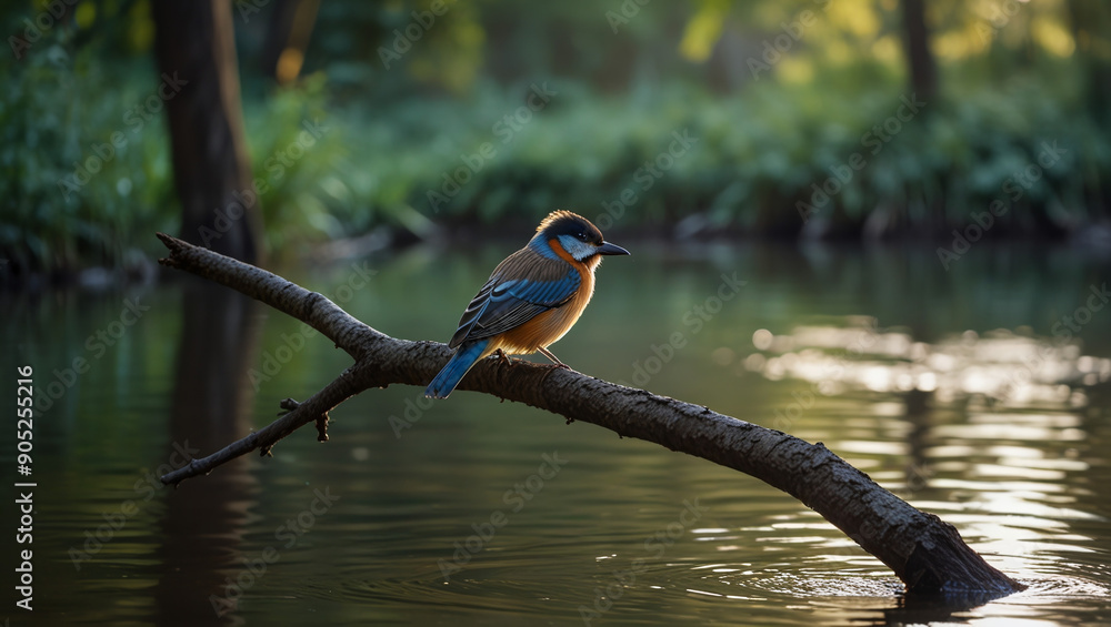 Wall mural birds perched on logs above the river. with morning background