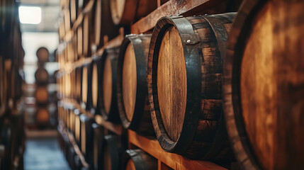 Wooden Old Stacked whisky barrel stack in a warehouse vintage style.