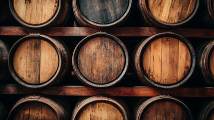 Wooden Old Stacked whisky barrel stack in a warehouse vintage style.