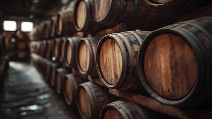 Wooden Old Stacked whisky barrel stack in a warehouse vintage style.