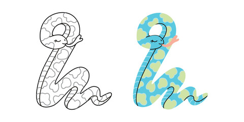 2025 Year of the Snake hand drawn cute simple outline illustration isolated on white background. Coloring page cartoon vector design for kids and adults