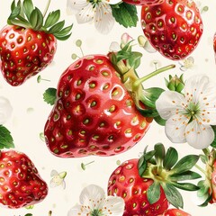 3d cute, beautiful little strawberries with white flowers watercolor 
