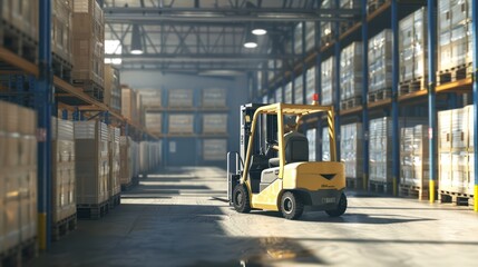 Fototapeta premium Forklift in a large industrial warehouse with rows of shelves full of boxes. Concepts. distribution, logistics, supply chain, manufacturing, storage, industry