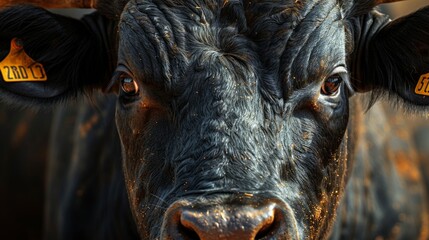 black angus bull looks directly at the camera, its dark eyes intense. Its rough, black coat is covered in specks of dust, creating a textured surface.
