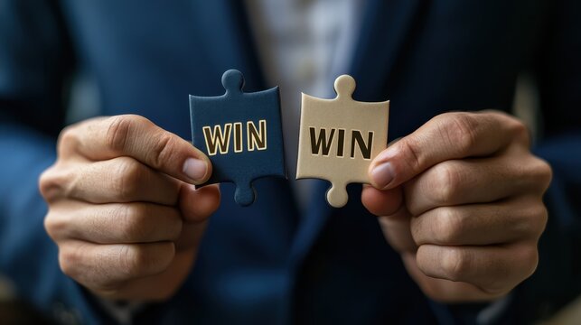 Close-up of a businessman in a suit holding two puzzle pieces with the word "WIN" on each, symbolizing a win-win situation.