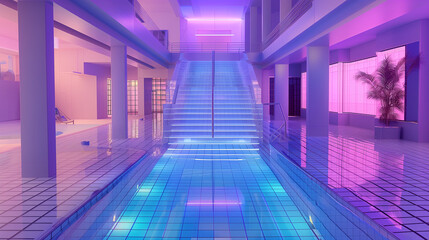 liminal space, limbo floor with grid tiles, hyper realistic in the style of vaporwave aesthetic, transparent, pastel purple and blue color palette