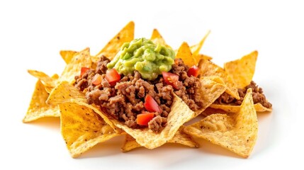 Nachos with Ground Beef, Guacamole, and Tomatoes