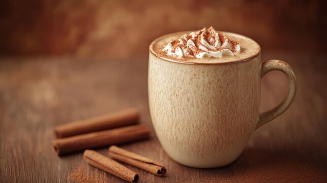 A creamy cinnamon dolce latte in a ceramic mug, with a warm cinnamon brown background to complement the drink - Powered by Adobe