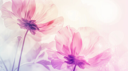 Fototapeta premium Flower backdrop with delicate pink flowers in soft focus with pastel background, evoking sense of serenity and elegance. Concept of natural beauty, tranquility and gentle floral aesthetics. Copy space