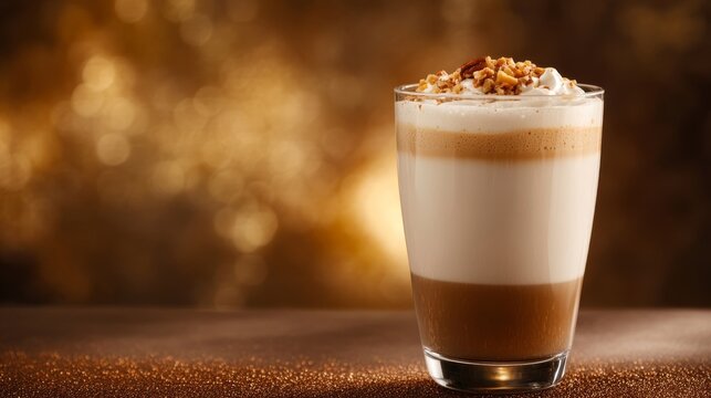A luxurious toffee nut latte in a clear glass, with a golden brown background to match the toffee flavor