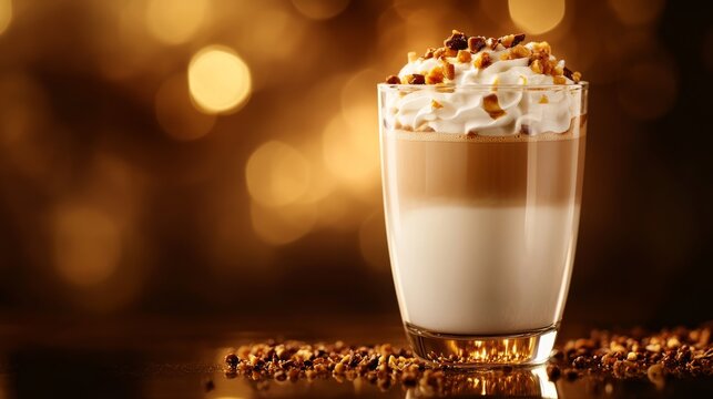 A luxurious toffee nut latte in a clear glass, with a golden brown background to match the toffee flavor