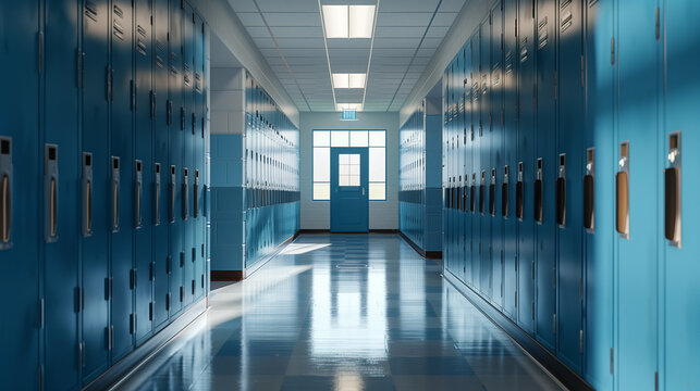 Empty school corridor with blue metal lockers for schoolchildren.