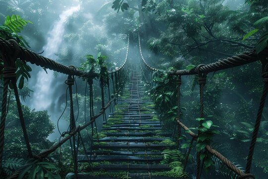 Fototapeta Old rope bridge crossing misty jungle waterfall