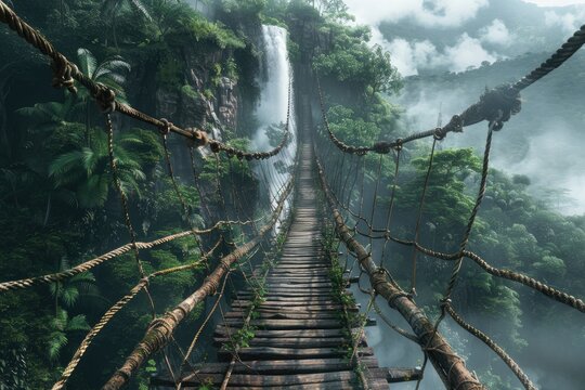 Fototapeta Old rope bridge crossing misty jungle waterfall