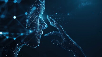 Abstract glowing polygonal wireframe human face and hand touching, representing artificial intelligence, machine learning, and the future of technology.