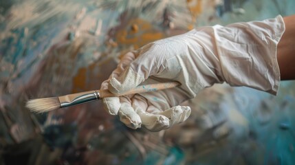 Close-up of a gloved hand holding a paintbrush