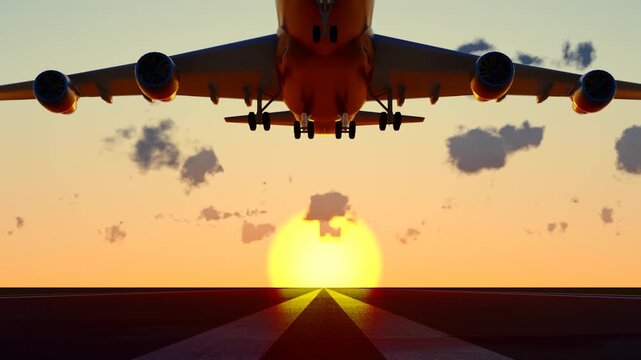 A large aircraft taking off in the early morning