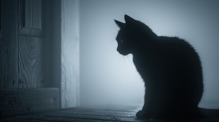 The haunted house front porch with creaky steps, eerie sounds, and a black cat watching from a corner