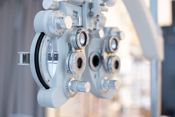 Phoropter eyesight measurement testing machine, Eye health check and ophthalmology concept. Web...