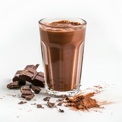 Medium shot of Glass of chocolate juice near the chocolate, isolated on a white background 