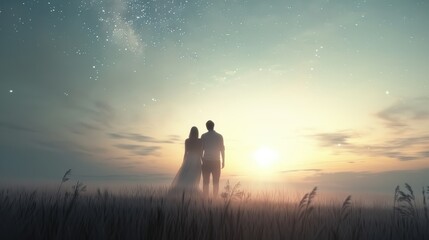 A couple standing in a field at sunset