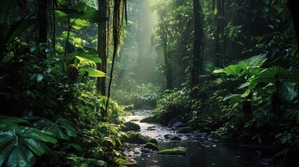 A Sunbeam Illuminates a Tranquil Creek in a Lush Jungle