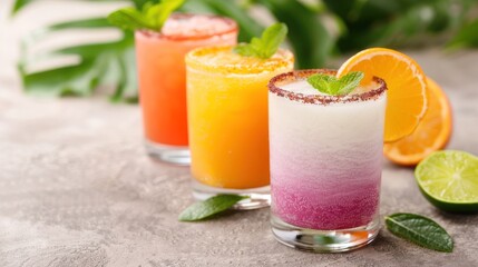 Fototapeta premium An artistic display of traditional Mexican drinks, such as horchata and agua fresca, with colorful garnishes