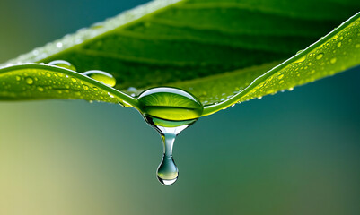 Fototapeta premium Closeup of water drop on green Leaf, Water dripping from a green leaf, Water droplet hanging on a green leaf