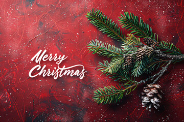 Pine branches with pinecones and Merry Christmas text on red background. Festive holiday composition with copy space. Christmas greeting card and banner design