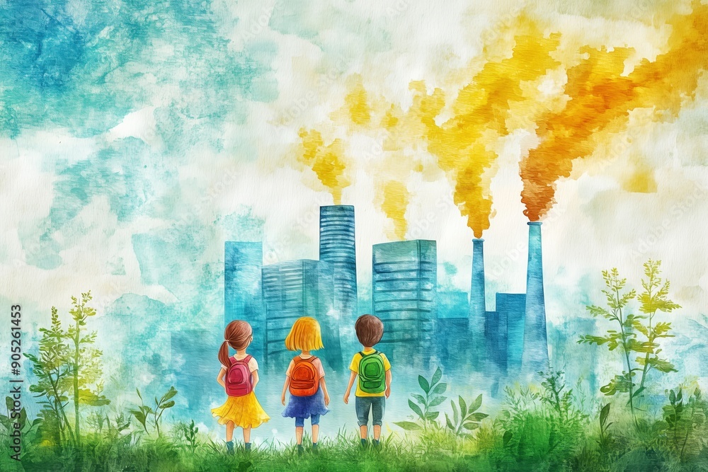 Wall mural basic drawing of kids measuring air quality, [air pollution], [environmental science], no logo, no t